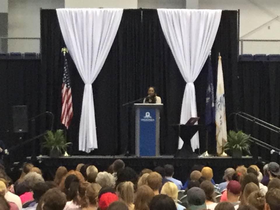Civil rights activist Bree Newsome speaking at the community college in Syracuse.