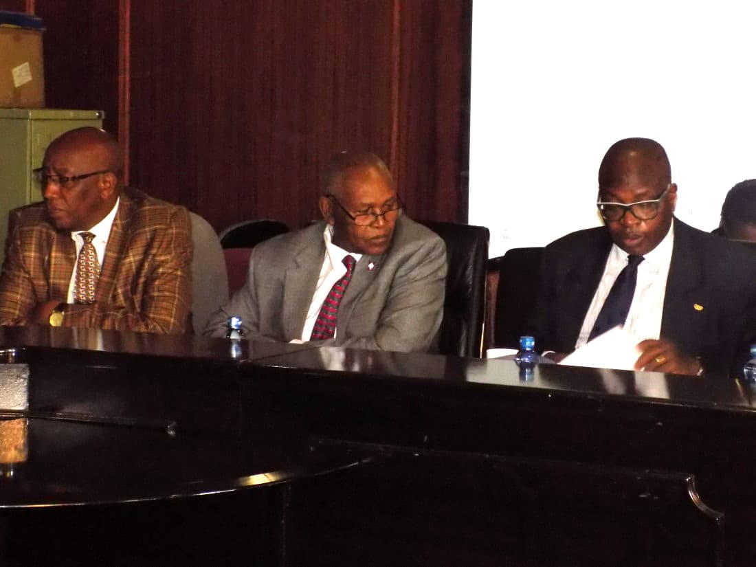 NOCK officials James Chacha (far left), Kipchoge Keino (centre) and Stephen Soi when they appeared before a previous parliamentary committee. Photo by: Ronnie Evans.