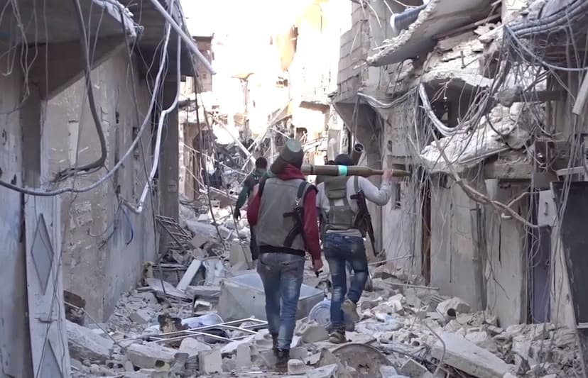 Syrian rebels carry RPG-29 anti-tank missiles Damascus, Syria. Photo by: Qasioun News Agency.