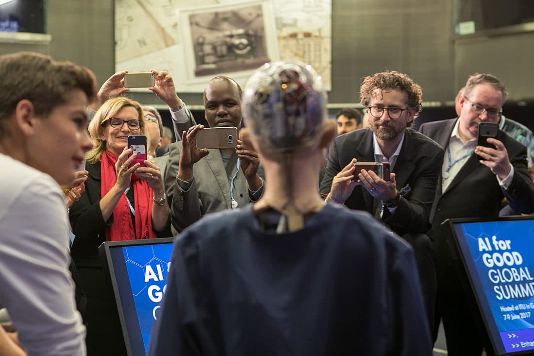 Sophia, Hanson Robotics Ltd. speaking at the AI for GOOD Global Summit, ITU, Geneva, Switzerland, 7 - 9 June 2017. Photo by: ITU/R.Farrell.