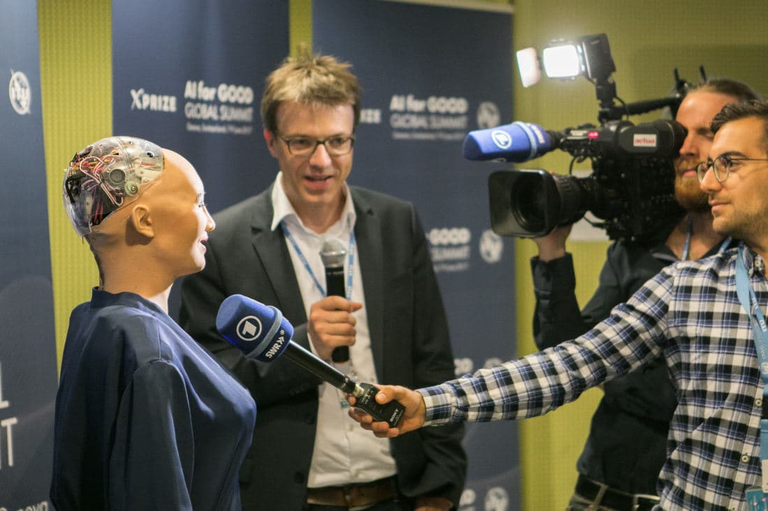Sophia, Hanson Robotics Ltd. being interviewed at AI for GOOD Global Summit, ITU, Geneva, Switzerland, 7 - 9 June, 2017. Photo by: ITU/R.Farrell.